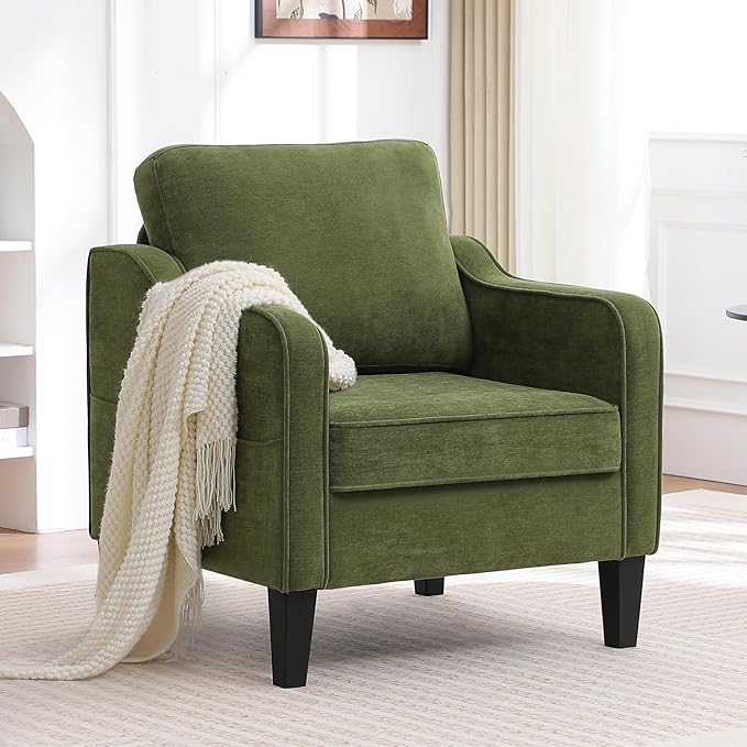 Accent Chairs Set of 2, Upholstered Living Room Chairs with Side Pocket, Mid Century Modern Reading Chair for Bedroom, Comfy Armchair Single Sofa Side Chair for Office, Small Room, Olive Green