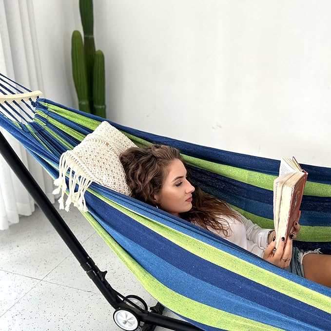 Anyoo Garden Cotton Hammock Comfortable Fabric Hammock with Spreader Bar Sturdy Hammocks Up to 450lbs Portable Lightweight Hammocks with Travel Bag for Camping Outdoor/Indoor Patio Backyard - Image 5