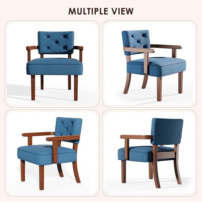 Wood Arm Chair,Upholstered Small Accent Chairs,Butacas para Sala,Mid Century Modern Accent Chair,Tufted Back, Armrest,Cushion, Side Chair for Office,Waiting/Reading/Living Room, Blue