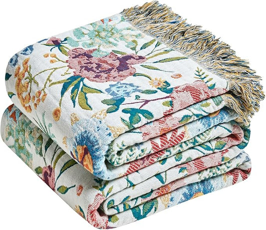 Boho Throw Blanket - 100% Cotton Ultra Soft Muslin Blanket, 50"x60" Lightweight Floral Framhouse Bedding Spring Blanket for Bed, All Season Blue Bohemian Bedroom Home Decor Quilt