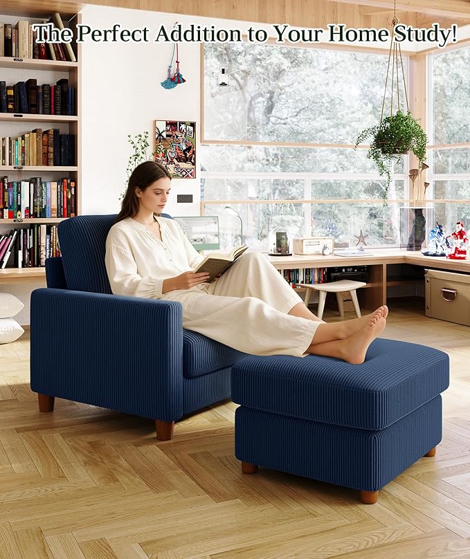 35.3" Couches for Living Room, Comfy Blue Couch Single with 22.5" Deeper Seat, Accent Chair Tool-Free Setup, Reading Chair 440lbs Support, Corduroy Couch for Bedroom, Apartment, Office