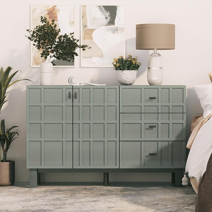 Aoikax Modern Sideboard Buffet Cabinet with 2 Doors & 3 Drawers, Minimalist Grid Carved Pine Front Storage Cabinet for Living Room, Kitchen, Ash Veneer Top, Metal Legs, Light Green - Image 6
