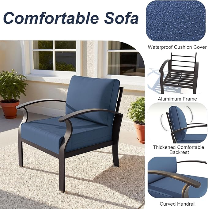ALAULM Aluminum Patio Furniture Set with Coffee Table Rectangular，5-seat Outdoor Sectional Furniture w/Swivel Chairs，Patio Conversation Set for Porch, Backyard, Poolside-Dark Blue