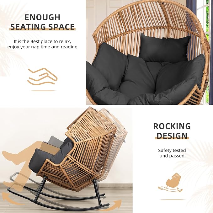 Vongrasig Wicker Egg Chair PE Rattan Rocking Chair with Cushion, Oversized Patio Lounge Rocker Chair for Outdoor, Indoor, Balcony, Backyard, Garden, Black - Image 4