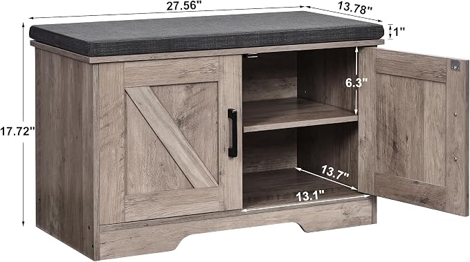 HOMSHO 2-Tier Storage Bench, 27.6" Wide Shoe Bench with Padded Seat Cushion, Entryway Bench with 2 Barn Doors and Adjustable Shelf, Greige - Image 3