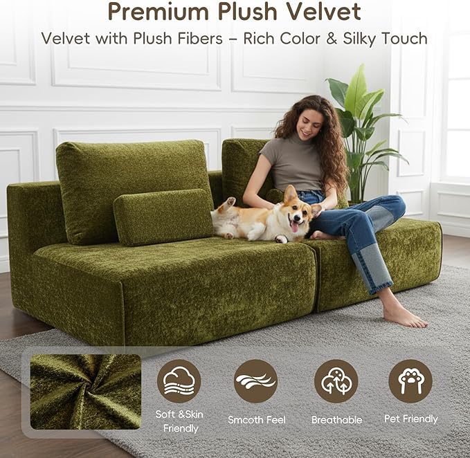 Modular Sectional Sofa, 2-Piece Green Plush Velvet Loveseat Couch, No-Assembly Compressed Deep-Seat 2-Seat for Bedrooms Living Rooms Reading Nooks