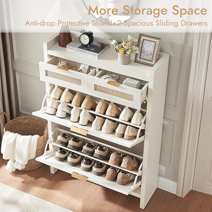 HOKYHOKY Rattan Shoe Storage Cabinet with 2 Drawers & 2 Flip Drawers – Hidden Slim Shoe Organizer for Entryway, Large Tabletop Space, Farmhouse Boho Narrow Shoe Rack, Rustic White - Image 4