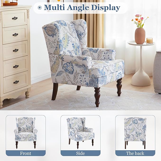HUIMO Printed Wingback Accent Chair, Linen Upholstered High Back Armchair, Comfy Reading Chair for Living Room Bedroom Study, 300lbs Weight Capacity (2, Blue Floral)
