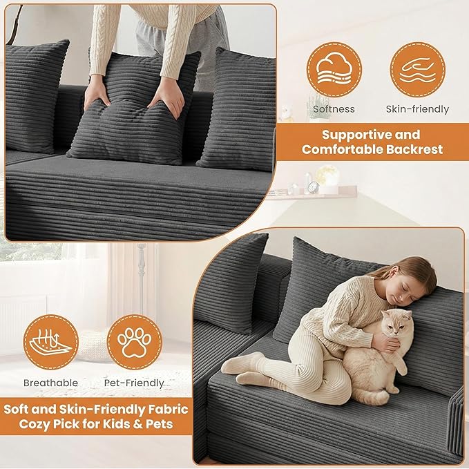 Modular Sectional Sofa, Boneless Convertible Oversized Sleeper Sofa Bed, Modern Tri-Folding Cloud Couch with L-Shape Chaise, Corduroy Futon Couches for Living Room Small Spaces Apartment,No Assembly