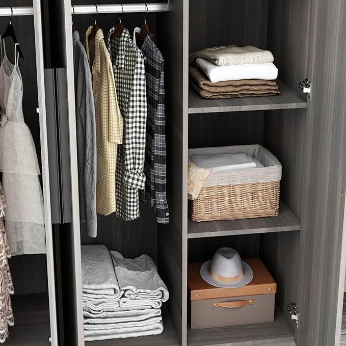 MOUMON 4 Door Wardrobe with Shelves, Armoire Wardrobe Closet with Hanging Rod, Armoire Closet with Wooden Handles, Grey 18.9" D x 63”W x 70.9”H