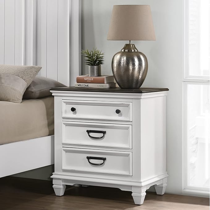 Clelane Wood 3-Drawer Nightstand, Weathered White and Dark Gray by RoundhillFurniture