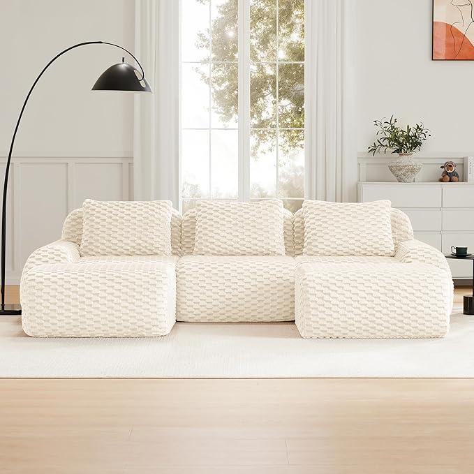 114" U-Shaped Compressed Sectional Cloud Sofa, Flannel Upholstered Modular Deep Seat Sofa with 5 Pieces, Symmetrical Boneless Foam Modular Cloud Couches for Living Room