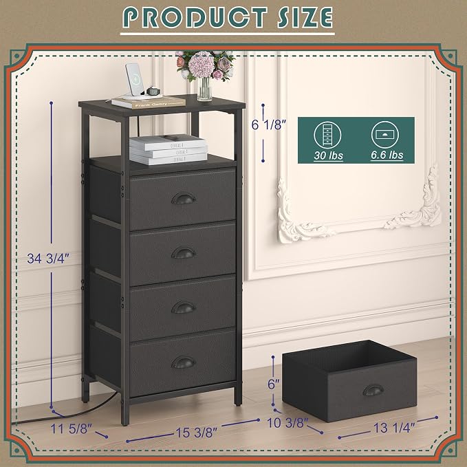 sthmec Nightstand with Charging Station,LED Black Nightstand with 4 Fabric Drawers PU Finish, Bedside End Tables, 2-Tier Open Storage Shelf Side Table Nightstand with Drawers for Bedroom,Black - Image 3