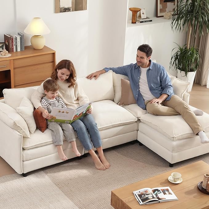 Vesgantti 108" Modular Sectional Sofa, Comfy Cloud Couch with Movable Ottoman Deep Seat Chenille L Shaped Modular Sofa, Sectional Couches for Living Room, Bedroom and Apartment, Beige White