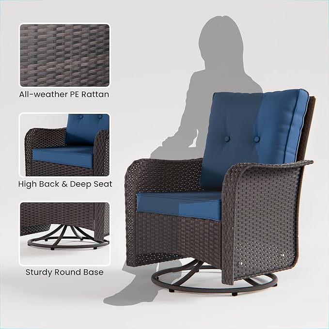 16 PCS Outdoor Patio Furniture Set,Outdoor Sectional Furniture with 45" 55000 BTU Gas Propane Fire Pit Table,PE Rattan Wicker Patio Conversation Set,Swivel Rocking Chairs Set,Navy Blue