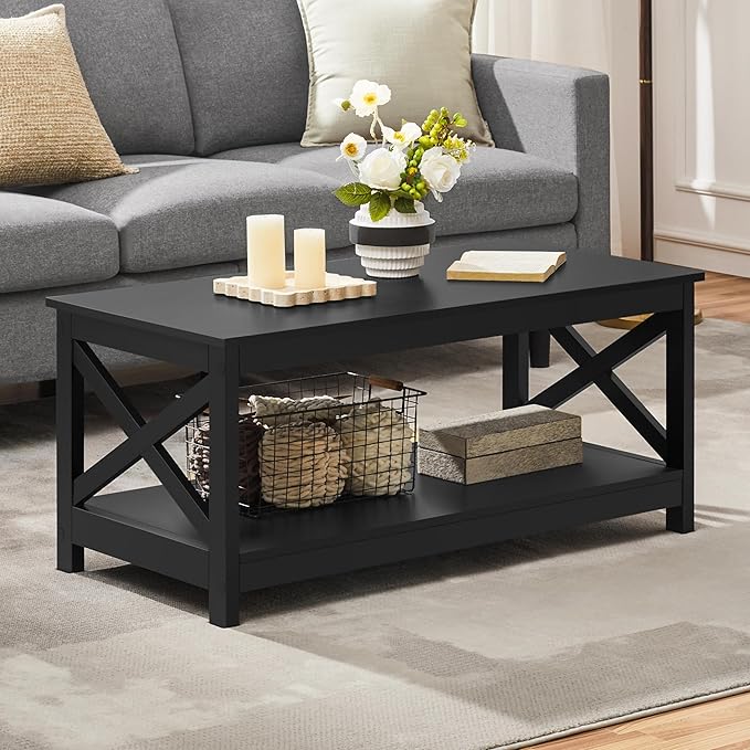 Yaheetech Wood 2-Tier Black Coffee Table with Storage Shelf for Living Room, X Design Accent Cocktail Table, Easy Assembly Home Furniture, 39.5 x 20 x 18 Inches