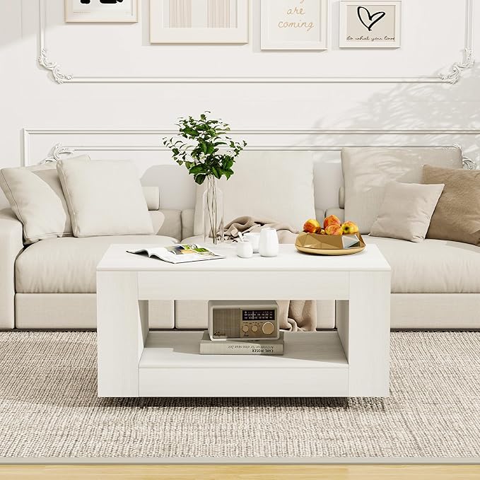 39" Wood Coffee Table for Living Room, Sides Storage with Transparent Legs, Minimalist Modern 2-Tier Storage Shelf Center Table for Home Office, Apartment, White