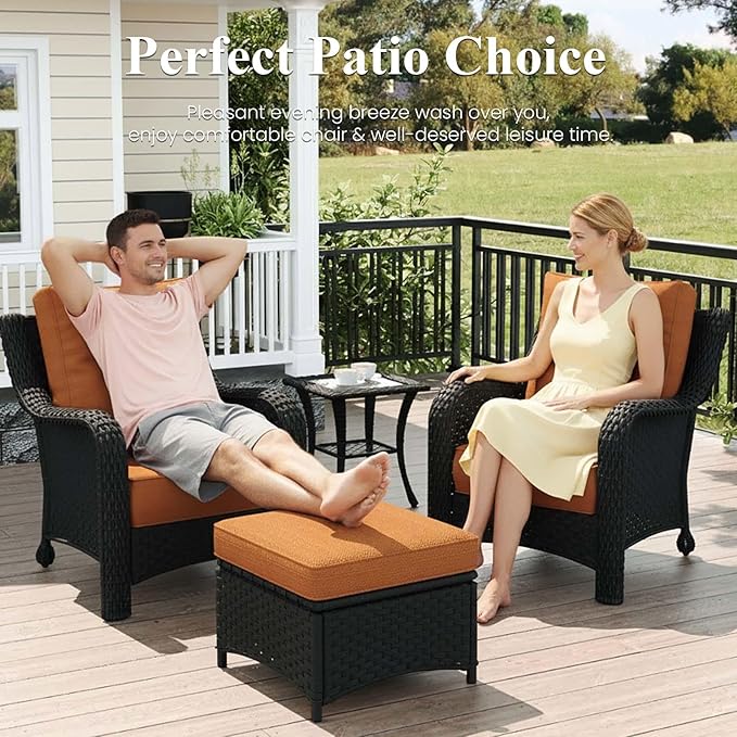 LayinSun 3 Piece Wicker Outdoor Furniture Set with 6-inch Comfy Cushions, High Back Patio Furniture Set with Rattan Armchairs and Side Table