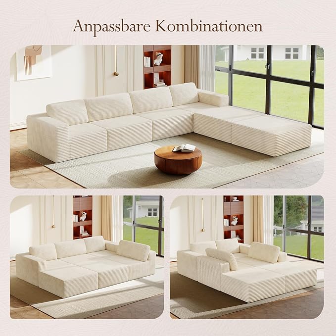 Vesgantti 159" Large Modular Sectional Sofa, U-Shaped Corduroy Cloud Couch with Deep Seats & Spring Support, 4-Seater Boneless Sofa with 2 Movable Ottomans, No Assembly Needed, Beige
