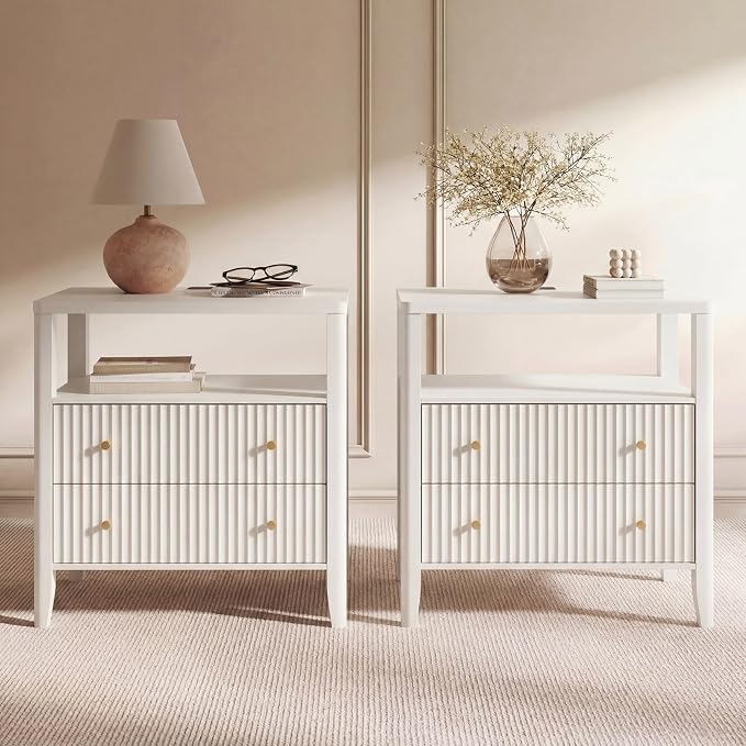 Nightstand Set of 2 with Charging Station, 27.3" Wide Fluted Bedside Table with 2 Drawers & Shelf, Large End Table with Storage, Rounded Corners, Alabaster White by Unknown