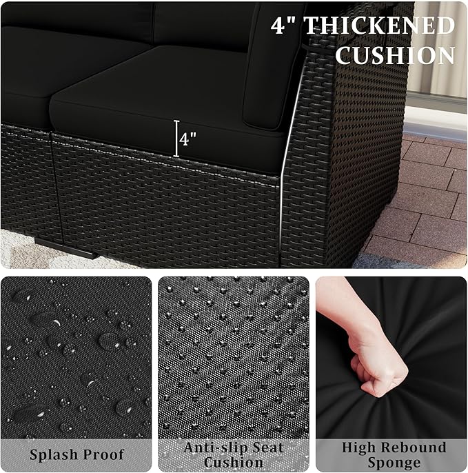 Patio Furniture Set, 7 Pieces Outdoor Sectional Sofa Set with Waterproof Cover, Black PE Wicker Rattan Slanted Back Outdoor Conversation Set with Cushions and Glass Coffee Table, Black