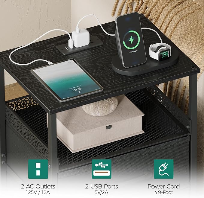 JARHETUN Nightstand Set of 2, Night Stands with Charging Station, 26.4 Inch Tall Bedside Table with Metal Shelf, Side Table with 2 Fabirc Drawers for Bedroom, Black - Image 4
