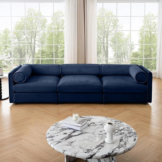 KEIKI 109" Oversized Modular Chenille Sectional Sofa with Storage Seat, Modern 3-Seater Couch with Cylindrical Backrest and Armrests, Easy Assembly, for Apartment, Living Room, Blue