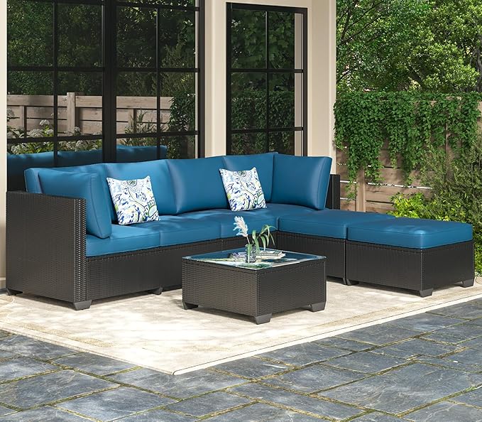 AECOJOY 7 Piece Outdoor Patio Furniture Set, Outdoor Sectional Conversation Furniture Chair with Coffee Table, Patio Sectional for Backyard, Garden(Peacock Blue Cushion and Black Rattan)