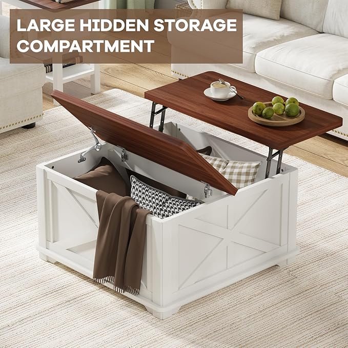 Square Coffee Table with Storage, Farmhouse Coffee Table with Lift Top, Wooden Coffee Tables with Brown Flip-Top Lids, Modern Center Table for Living Room Home Office, 31.5", White
