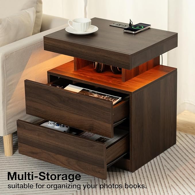 HOMMPA LED Nightstand Set of 2, Night Stand with Wireless Charging Station & USB Ports, High Gloss Bedside Table with LED Light Adjustable Brightness, Smart Nightstand 2 Drawers for Bedroom Walnut - Image 8