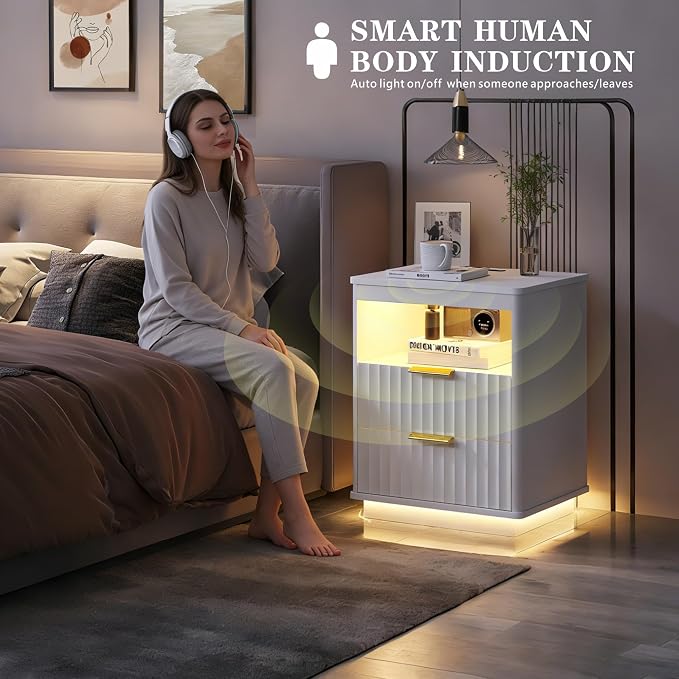 Dystler Nightstand with LED Light, Modern End Side Table with 2 Drawers and Open Storage, Smart Bedside Table with Charging Station & Human Sensor for Bedroom, White - Image 5