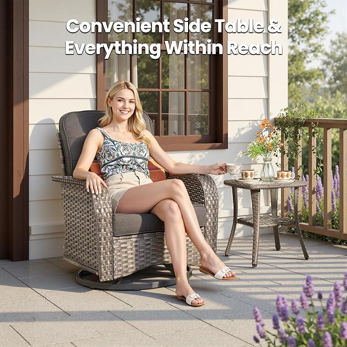 Weaxty Outdoor Swivel Rocker Patio Chairs, 3 Pieces Patio Furniture Set with Rocking Chair and Wicker Side Table, Outdoor Furniture Conversation Set for Porch, Deck, Yard, Balcony, Black