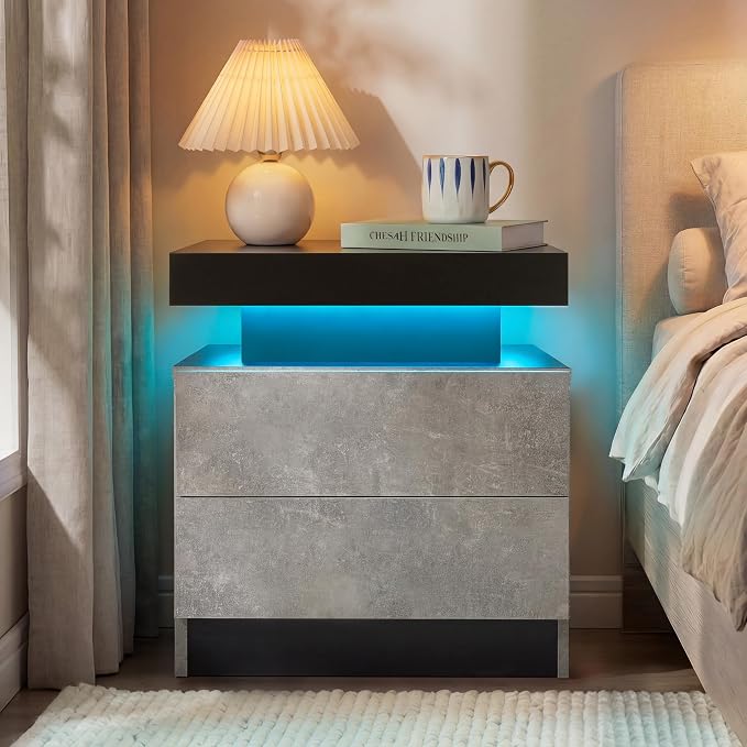 i-aplus Night Stand LED Bedroom Night Stands Modern Night Stand with 2 Drawers Bedside Tables for Bedroom Living Room - Image 3