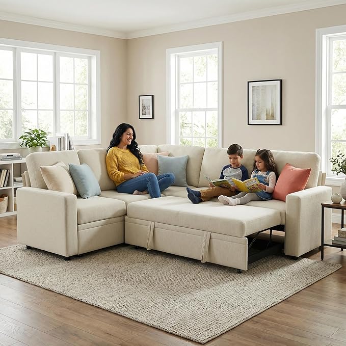 5-Seater Large Sectional Couch with Pull Out Bed, L Shaped Chenille Sofa with Storage, Convertible Modular Sofa, for Living Room, Apartment, Beige