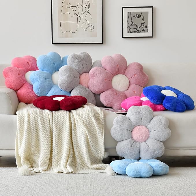Flower Shaped Pillow, Cute Decorative Throw Pillow with Soft Artificial Rabbit Fur for Couch Bed Chair Floor, Flower Pillows Seating Cushions with Room D??cor for Bedroom Living Room (14.9" Blue)