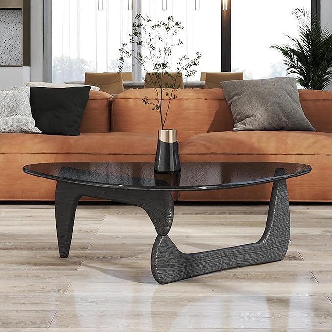 Black Glass Coffee Table for Living Room, Mid Century Modern Coffee Table with Tempered Glass Top and Solid Wood Base, Farmhouse Center Table for Small Space, Tea Tables