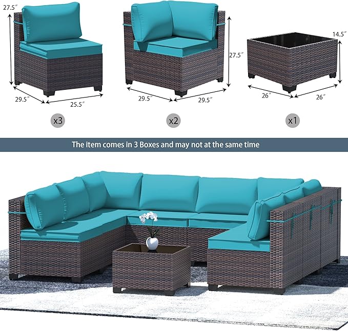 9 Pieces Outdoor Patio Furniture Set,Outdoor Sectional Furniture All Weather PE Rattan Wicker Patio Conversation Set with Coffee Table and 8 Thickened Cushions,Turquoise Blue
