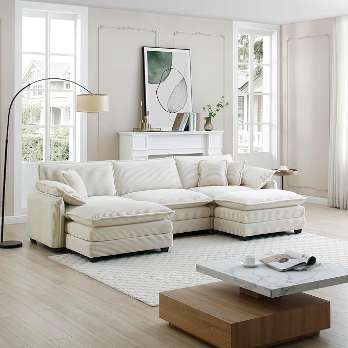 KEIKI 115" U-Shaped Oversized Corduroy Modular Sectional Sofa with 2 Ottoman, High-Density Foam Cushions, Removable Armrests, Upholstered 3-Seater Corner Couch with 5 Pillow, for Living Room, Beige