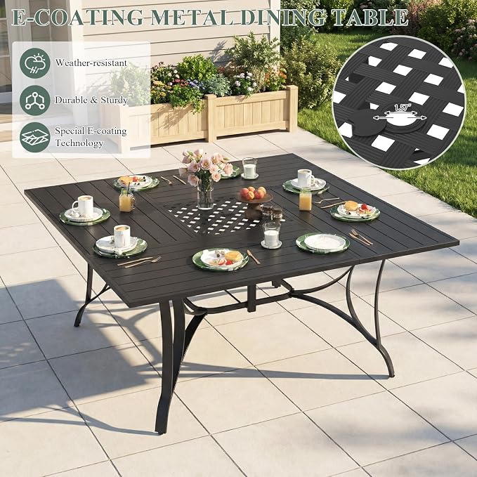 9 Pcs Patio Dining Set for 8, All Weather Outdoor Furniture Set, 59.6" Square Metal Dining Table with Umbrella Hole and 8 High Back Textilene Swivel Chairs for Deck Garden Lawn Poolside, Blue - Image 5