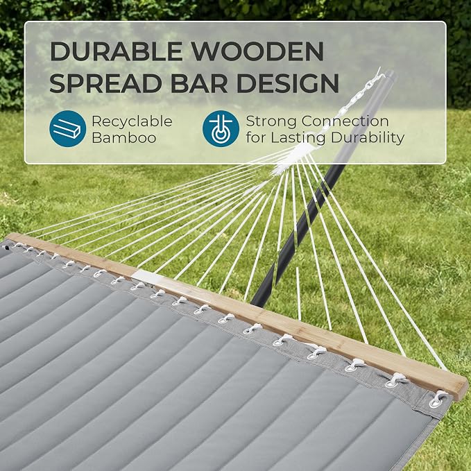 SUPERJARE Hammock with Stand, 2 Person Quilted Outdoor Hammock, Detachable Pillow & Bamboo Spreaders, Portable Hammock with Carrying Bag, Heavy Duty Stand, Perfect for Outside, Patio, Gray - Image 7