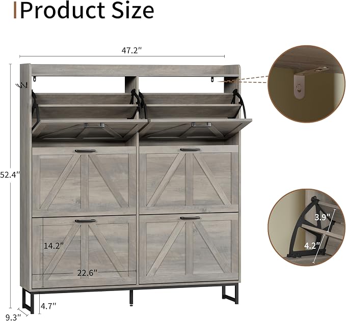 Shoe Cabinet with 6 Flip Drawers, Freestanding Hidden Shoe Storage Organizer for Entryway, Narrow Slim Shoe Rack Cabinet with Open Storage & Hooks for Front Door Entrance, Living Room, Hallway, Grey - Image 2