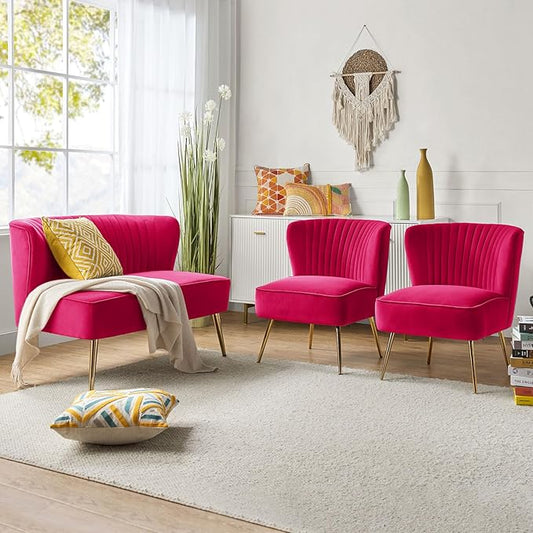 HULALA HOME 3 Piece Velvet Living Room Furniture Set, Modern Comfy Upholstered Chair Set with Golden Legs, include Loveseat & 2 Accent Chairs for Bedroom, FUCHSIA Tufted 2-Seater Sofa & Armless Chairs