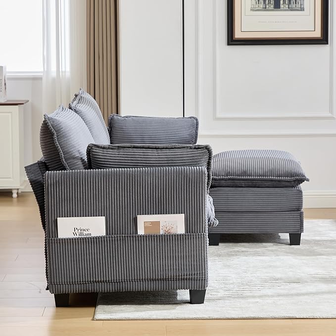 Modular Sectional Sofa Couch with Reversible Ottoman, 103" Oversized Corduroy Cloud Couch, 3 Seat Sectional Sofa with Solid Wood Frame and Side Pockets,for Living Room & Apartment