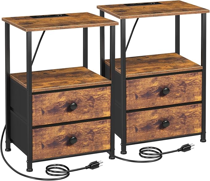 LOAKEKEL Night Stand Set 2, Nightstand with Charging Station, End Tables with Storage Shelf for Small Spaces, Bedside Table Side Tables with 2 Fabric Drawers for Bedroom, Rustic Brown, HETS020PBR by LOAKEKEL