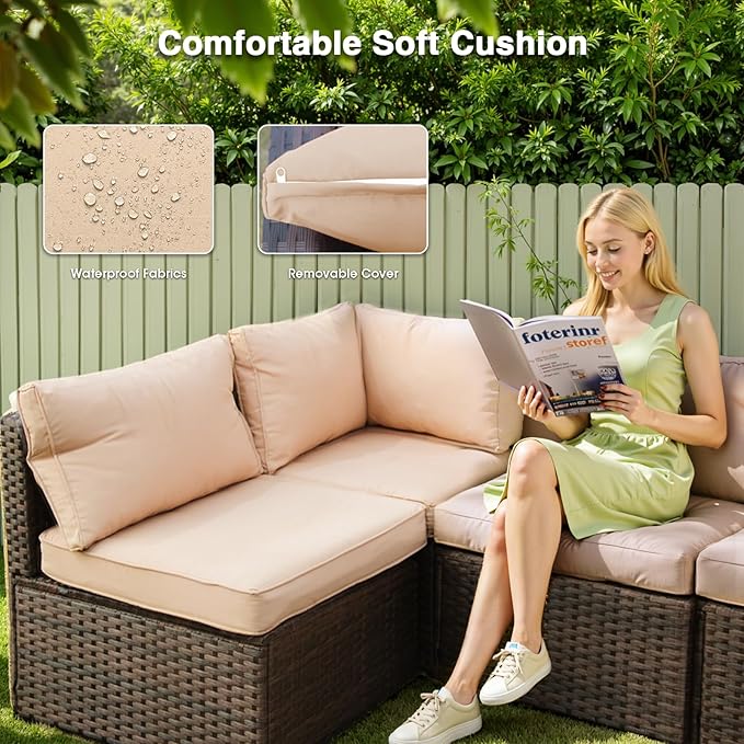 13 Piece Patio Furniture Set All Weather PE Rattan Outdoor Sectional Sofa Couch with No-Slip Cushions and Glass Top Table for Garden, Poolside, Backyard (Beige)