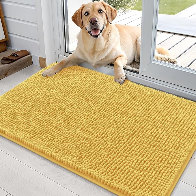 OLANLY Dog Door Mat for Muddy Paws 35x24, Absorbs Moisture and Dirt, Absorbent Non-Slip Washable Doormat, Quick Dry Chenille Mud Mat for Dogs, Entry Indoor Entryway Carpet for Inside Floor, Yellow by OLANLY