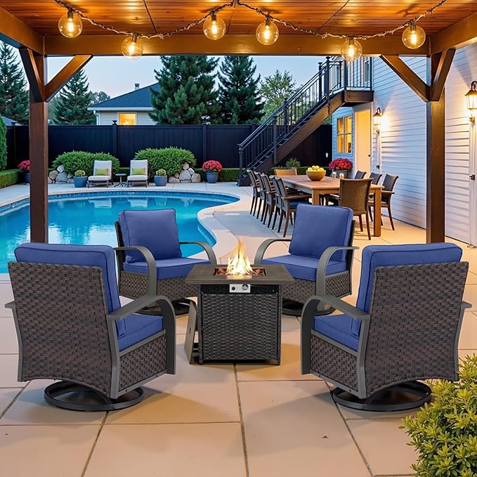 Belord 5 Pieces Patio Furniture Set with Fire Pit Table - 4 Outdoor Swivel Rocker Chairs with 50000 BTU Propane Fire Pit Table, Patio Conversation Sets for Outside Backyard Patio Casual Gathering