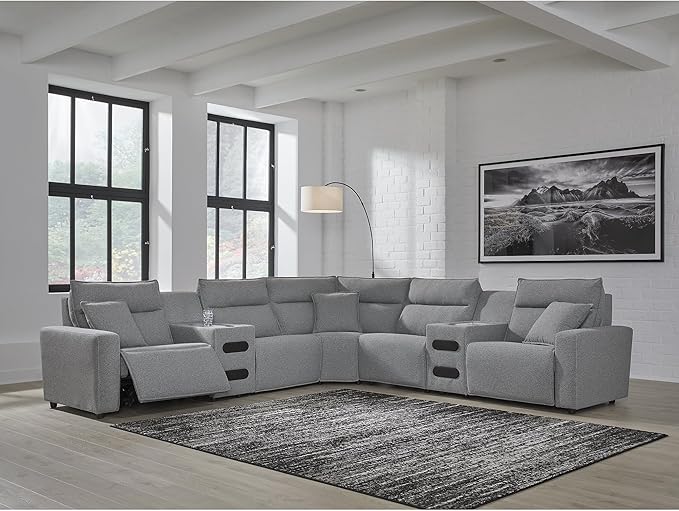 Signature Design by Ashley Modern ModMax II Stain Resistant L-Shape Symmetrical 7-Piece Power Reclining Sectional with Audio Consoles and Adjustable Headrest, Gray