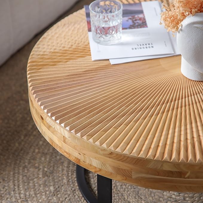 Wood Round Coffee Table, Farmhouse Circle Coffee Table with Metal Base, 31.5" Round Center Table for Living Room Office Natural+Black