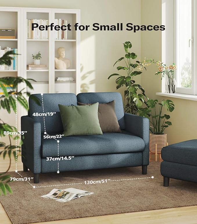 Loveseat Sofa, 51" Love Seat, Comfy Teddy Small Loveseat for Small Spaces, Tool-Free Setup Sofa Couch for Bedroom, All-Wood Couches for Living Room, No Pillow Included, Blue Grey
